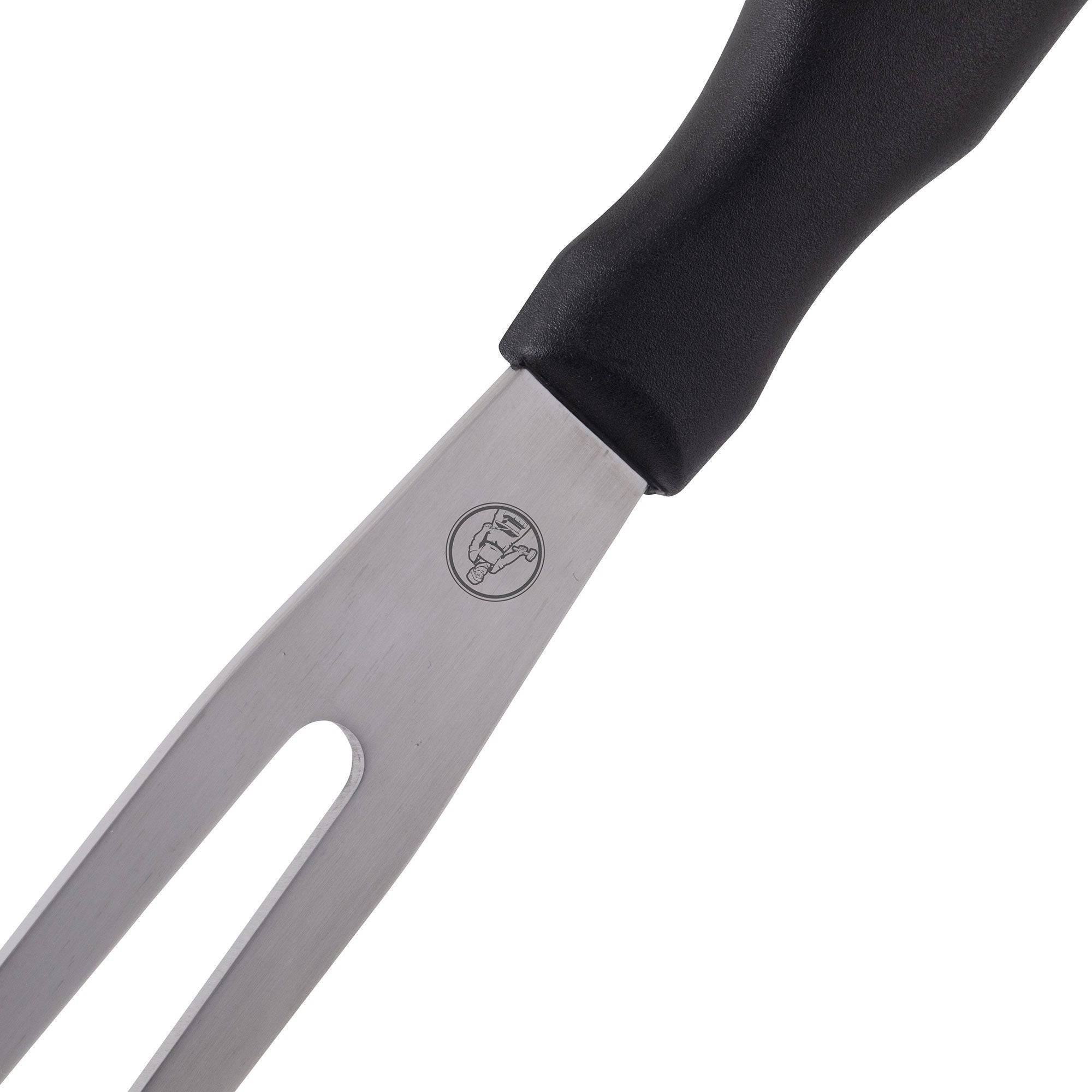 Close-up of the heel of the Messermeister Pro Series 7-inch carving fork showing stainless steel tine base and ergonomic black polyfibre handle connection