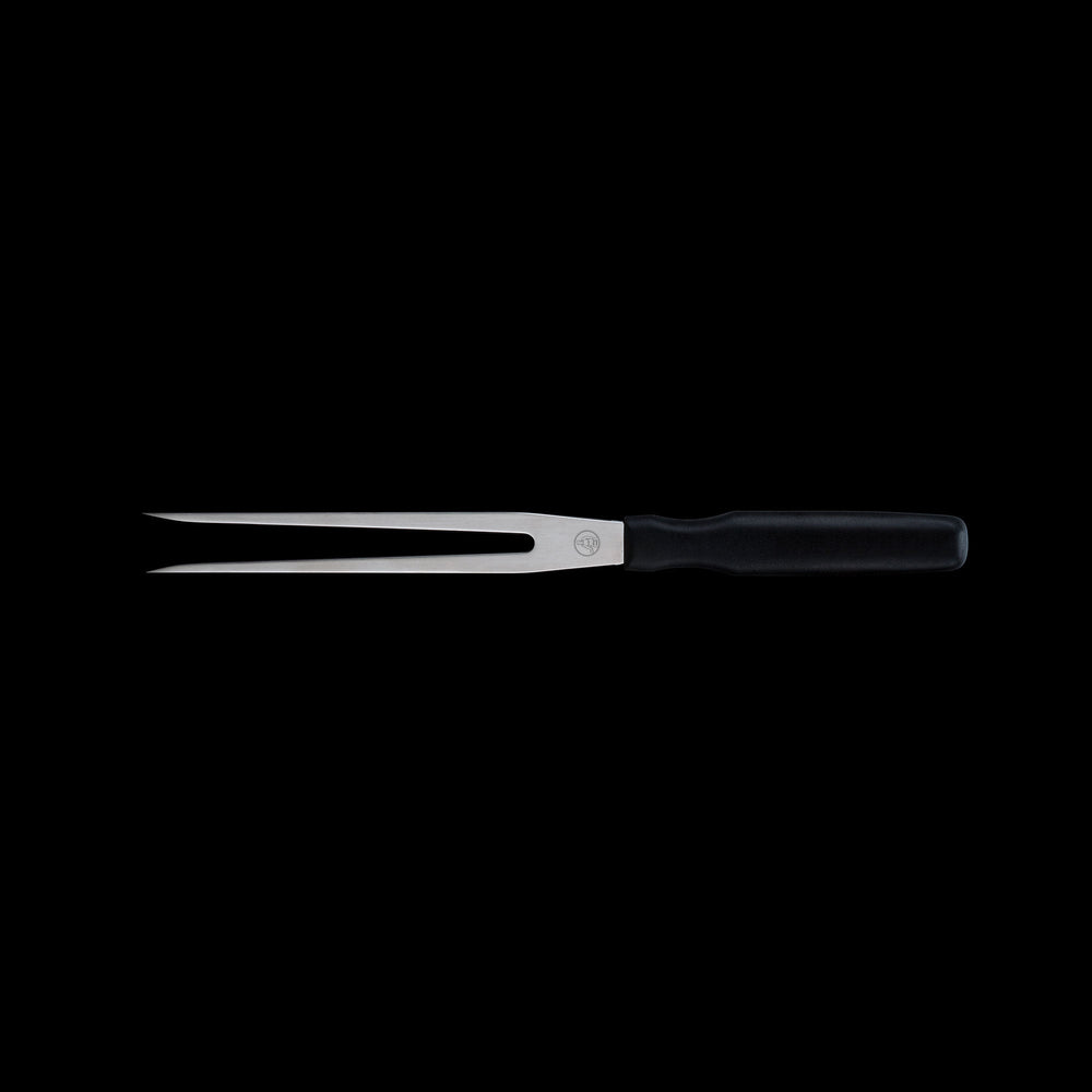 Side view of Messermeister Pro Series 7-inch straight carving fork showing stainless steel tines and ergonomic black polyfibre non-slip handle