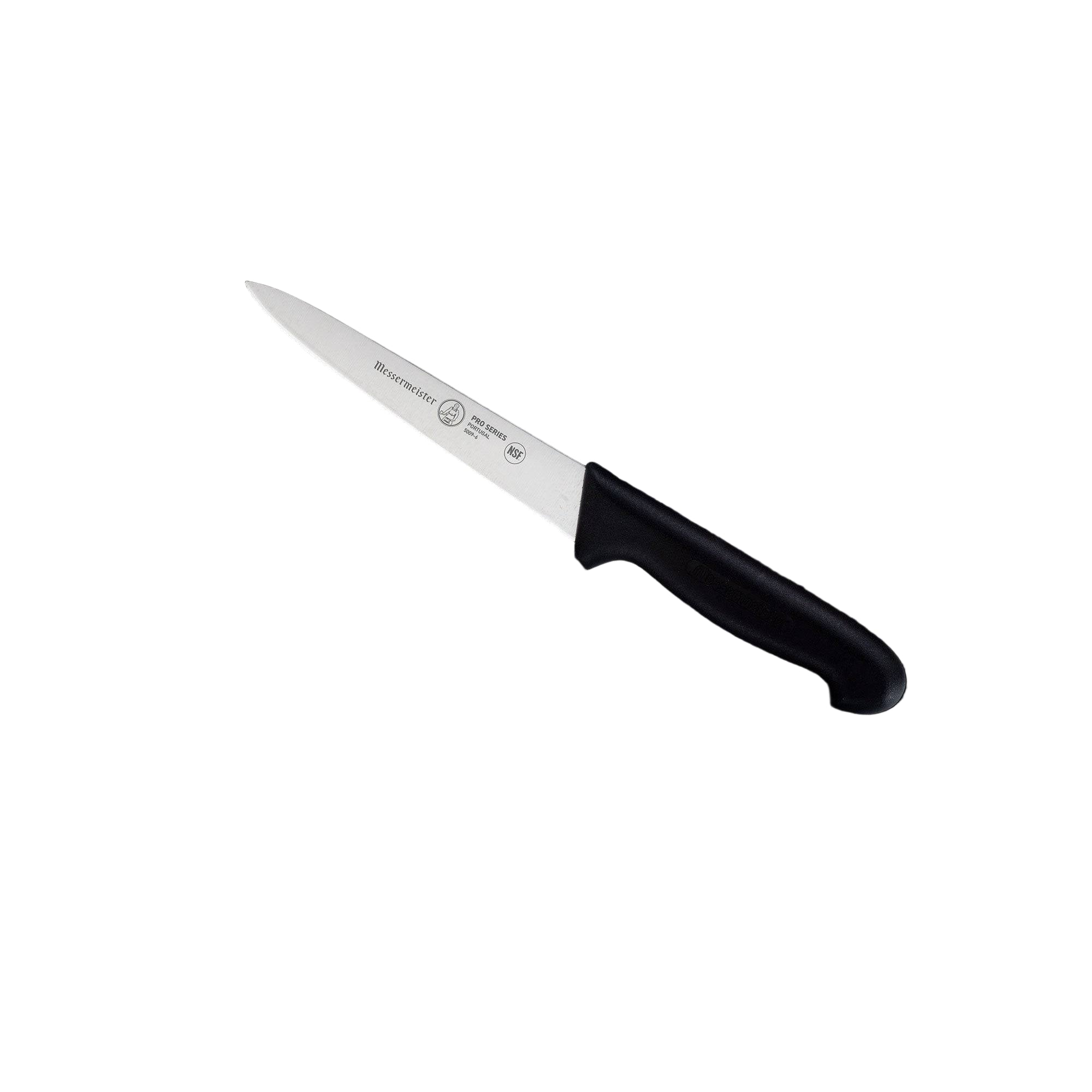 Messermeister Pro Series Utility Knife - 6" angled up to highlight stainless steel blade and black ergonomic non-slip polyfibre handle