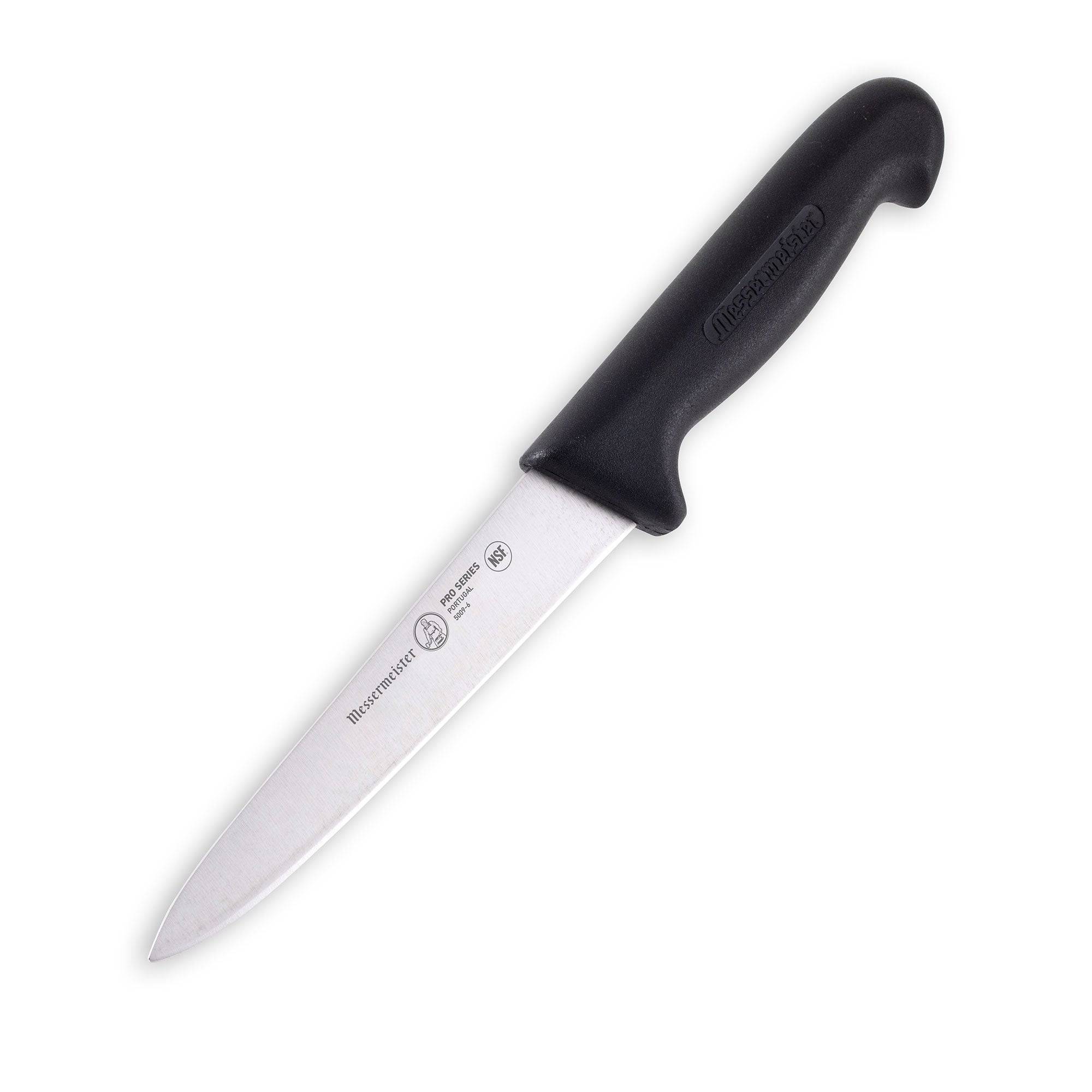 Messermeister Pro Series 6-inch utility knife featuring lightweight German stainless steel blade and ergonomic  black non-slip handle shown at a down angle