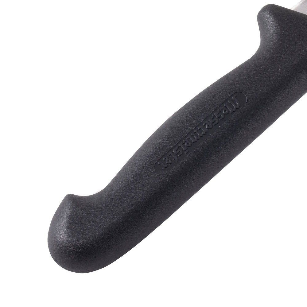 Close-up view of Messermeister Pro Series 6-inch utility knife highlighting textured polyfibre non-slip ergonomic black handle for secure grip