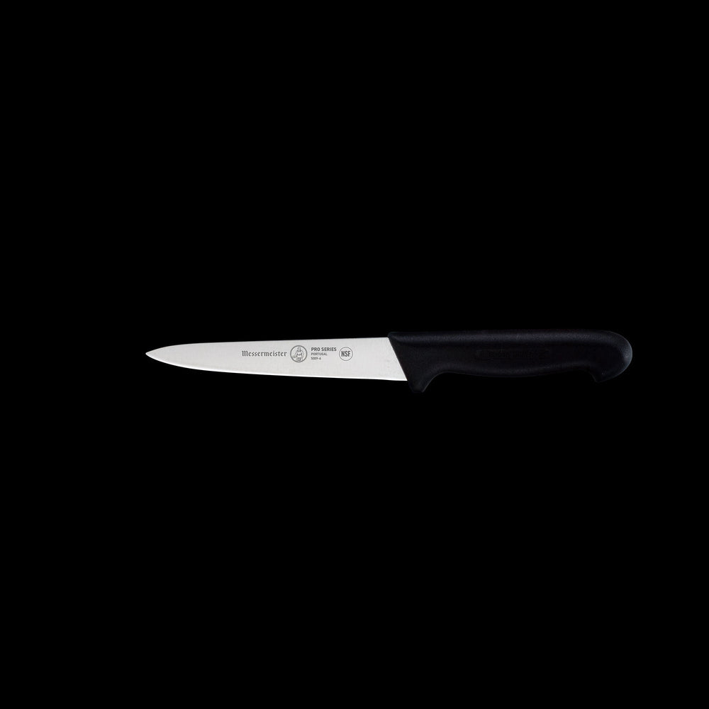 6-inch Messermeister Pro Series utility knife, lightweight German stainless steel blade with non-slip black plastic handle