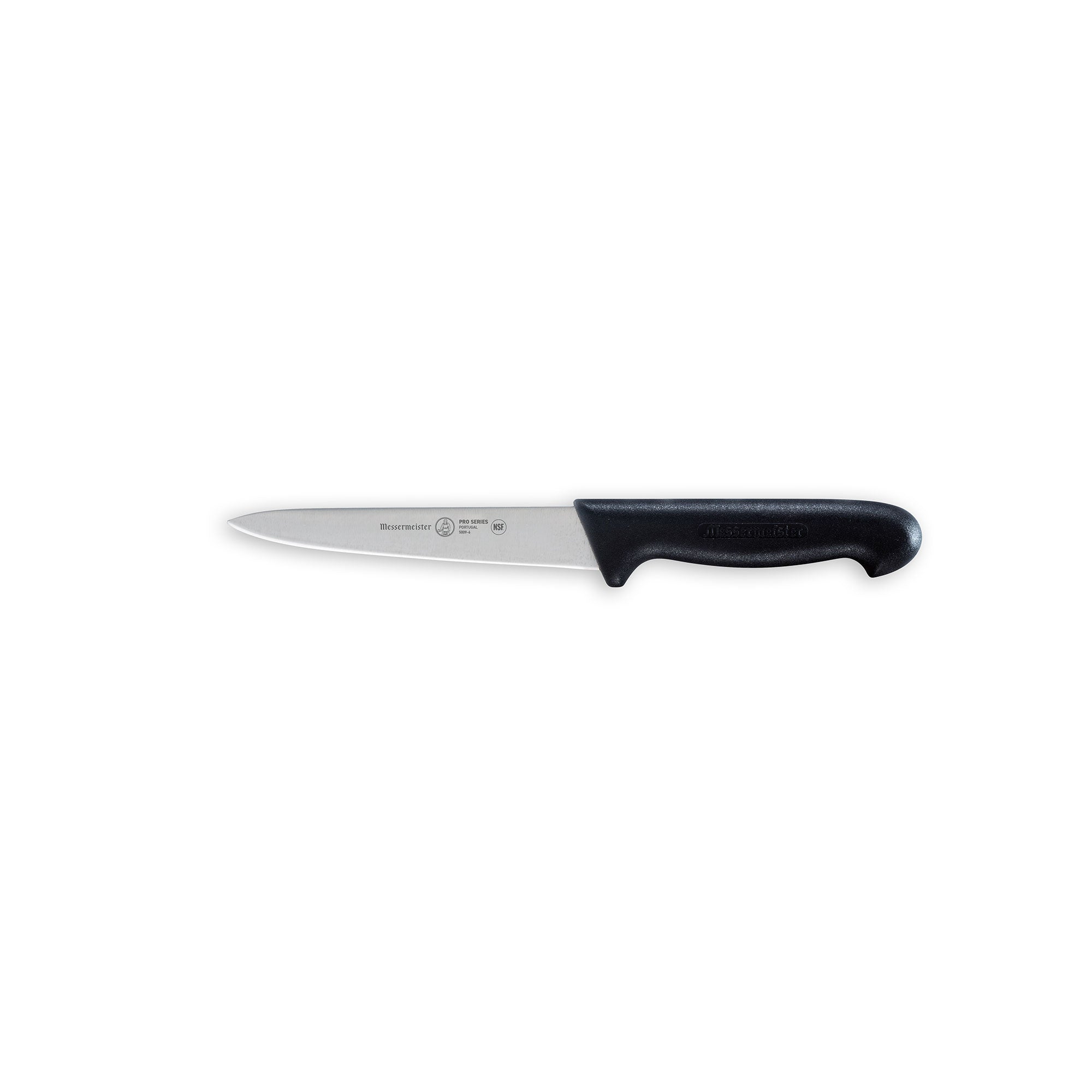 Messermeister Pro Series 6-inch utility knife full image featuring stainless steel blade and ergonomic black polyfibre handle for non-slip control
