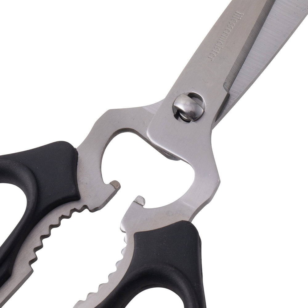 Close-up of the take-apart notch on Messermeister kitchen scissors, highlighting the easy-release pivot system for quick blade separation, cleaning, and reassembly with secure locking functionality