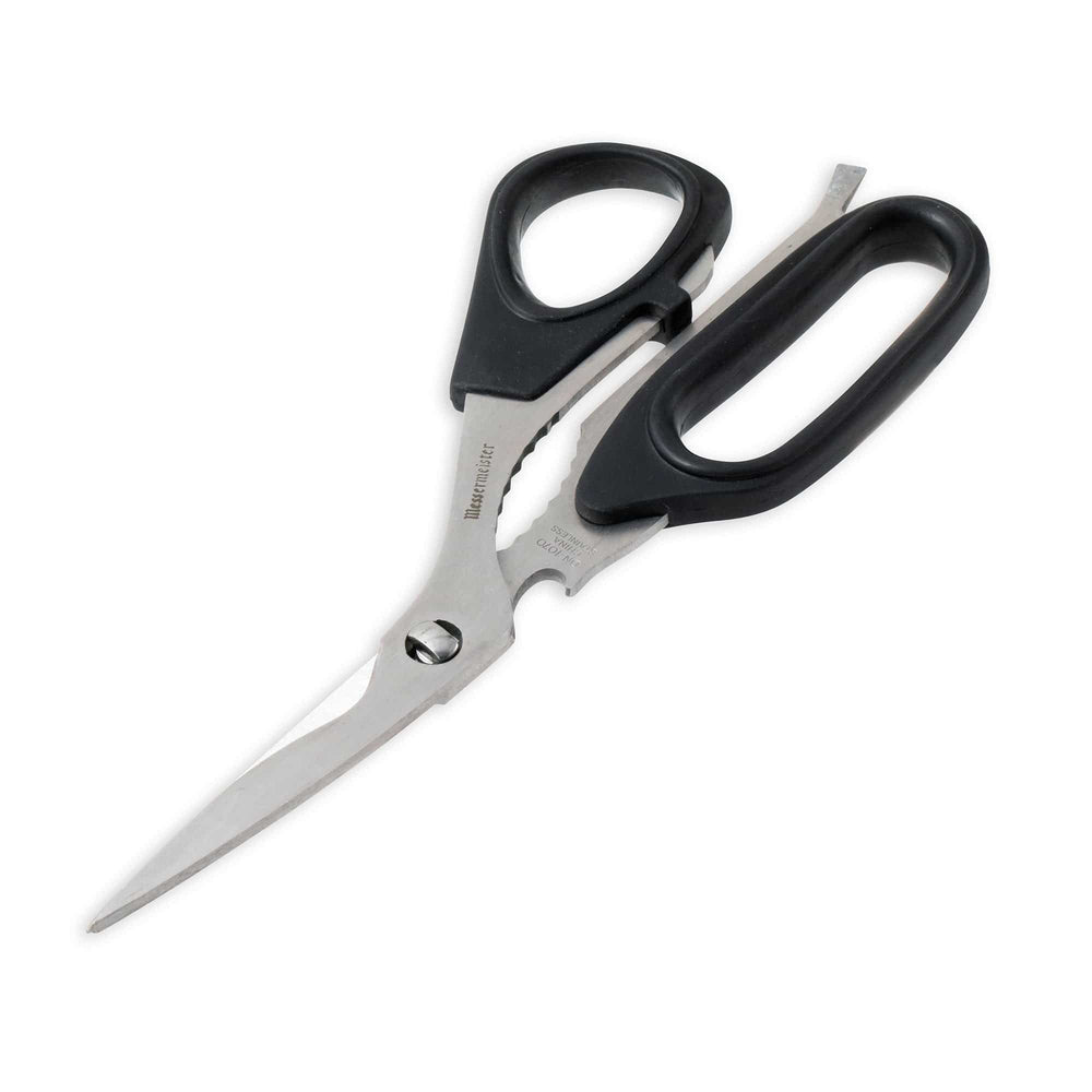 Messermeister 8.5-inch take-apart utility shears shown at an angled view, featuring sharp stainless steel blades, ergonomic handles, and a detachable design for versatile cutting and easy cleaning