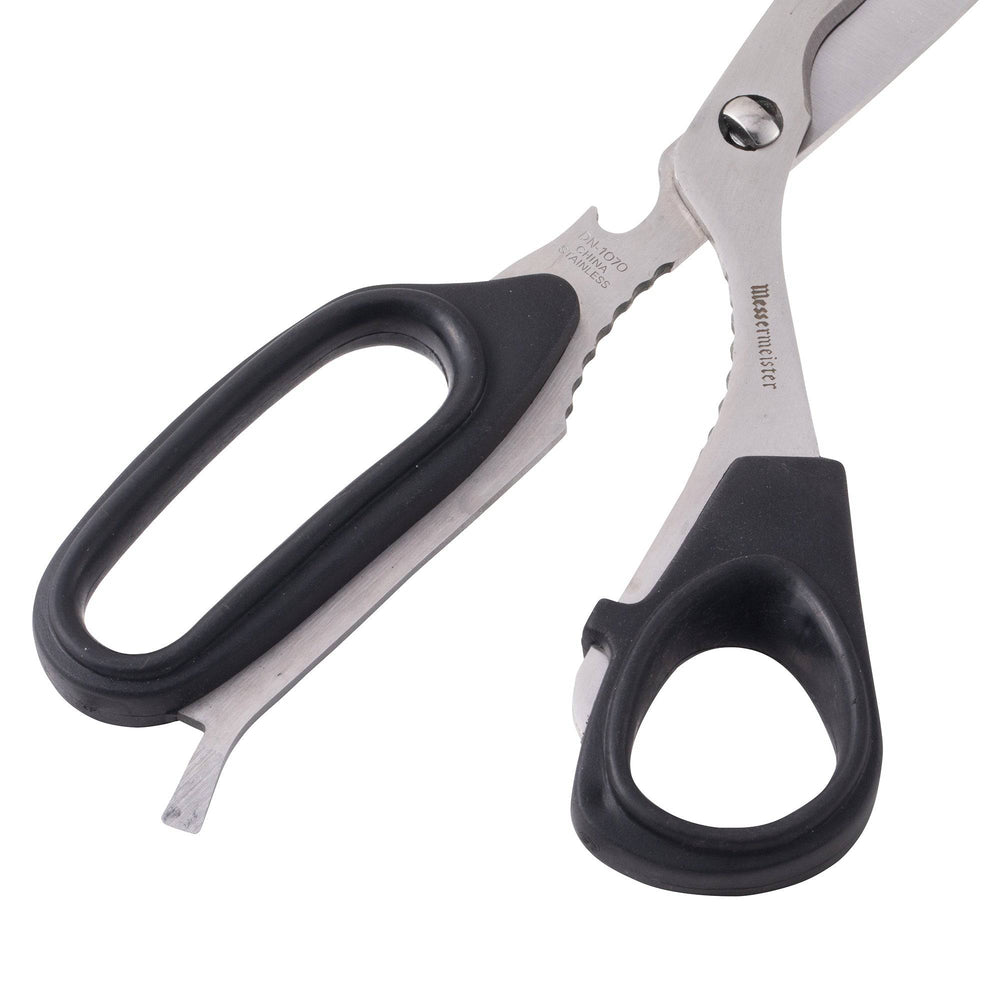 Close-up of the ergonomic handle on Messermeister 8.5-inch take-apart utility shears, featuring a comfortable non-slip grip and durable construction for safe, controlled cutting during kitchen and household tasks