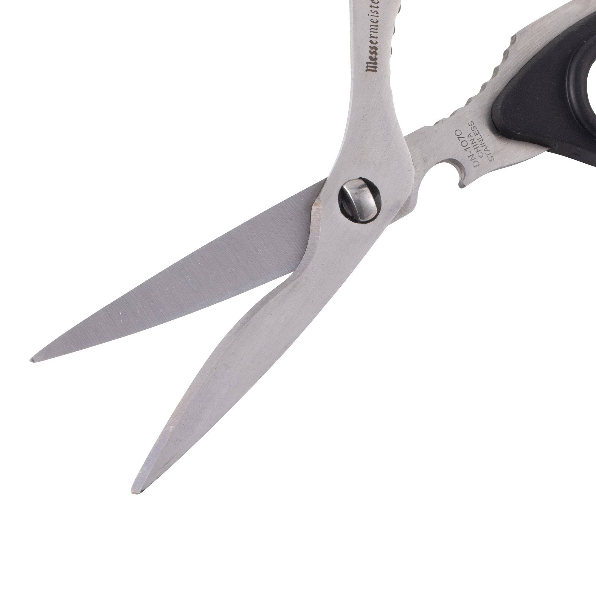 Messermeister 8.5-inch take-apart utility shears with blades open, showcasing sharp stainless steel cutting edges, ergonomic handles, and an easy-disassembly design for versatile kitchen and household use.