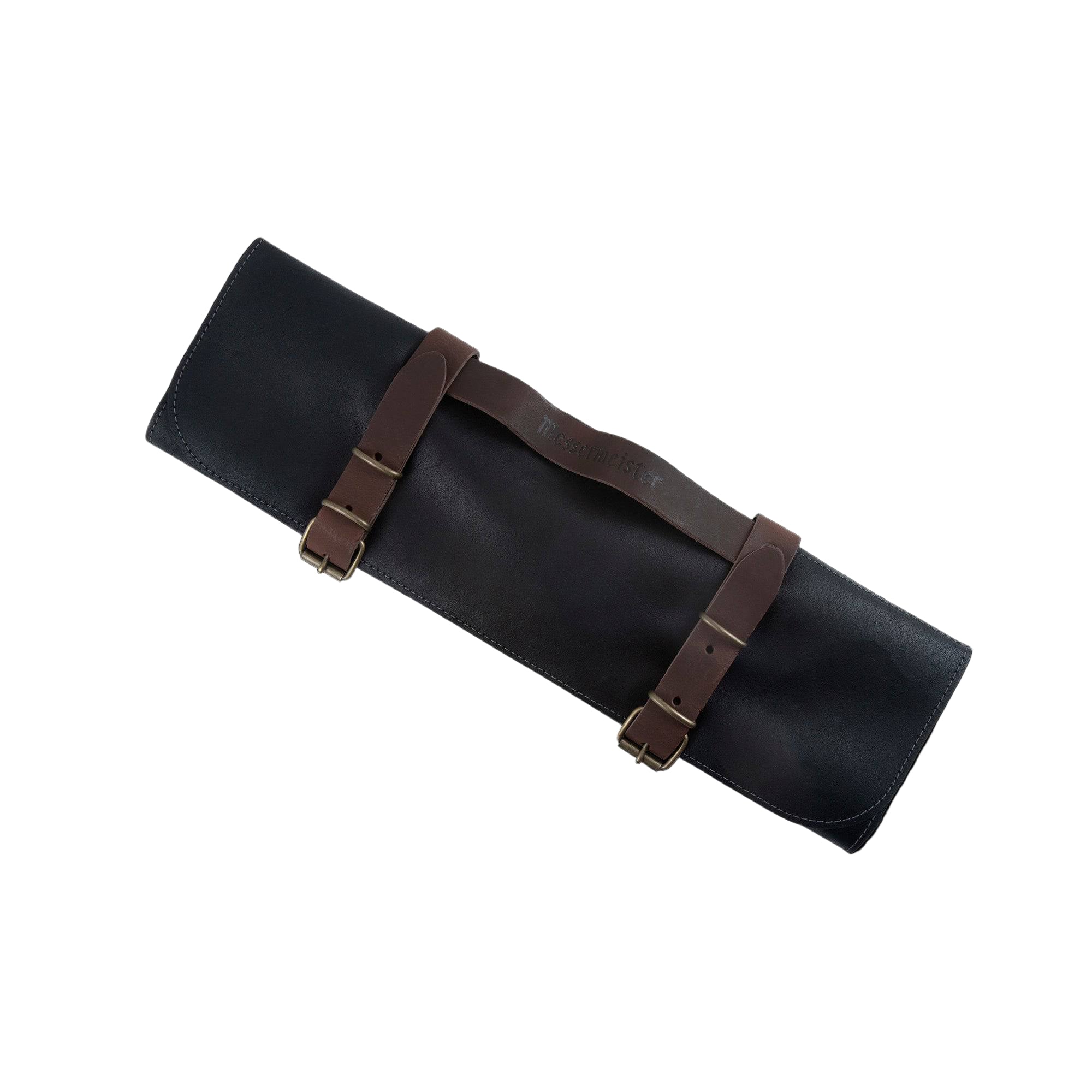 Messermeister Vintage Leather 7 Pocket Knife Roll in black, featuring durable full-grain leather construction with secure buckle closures, seven individual knife slots, reinforced stitching, and a compact roll-up design for safely storing and transporting chef knives and culinary tools