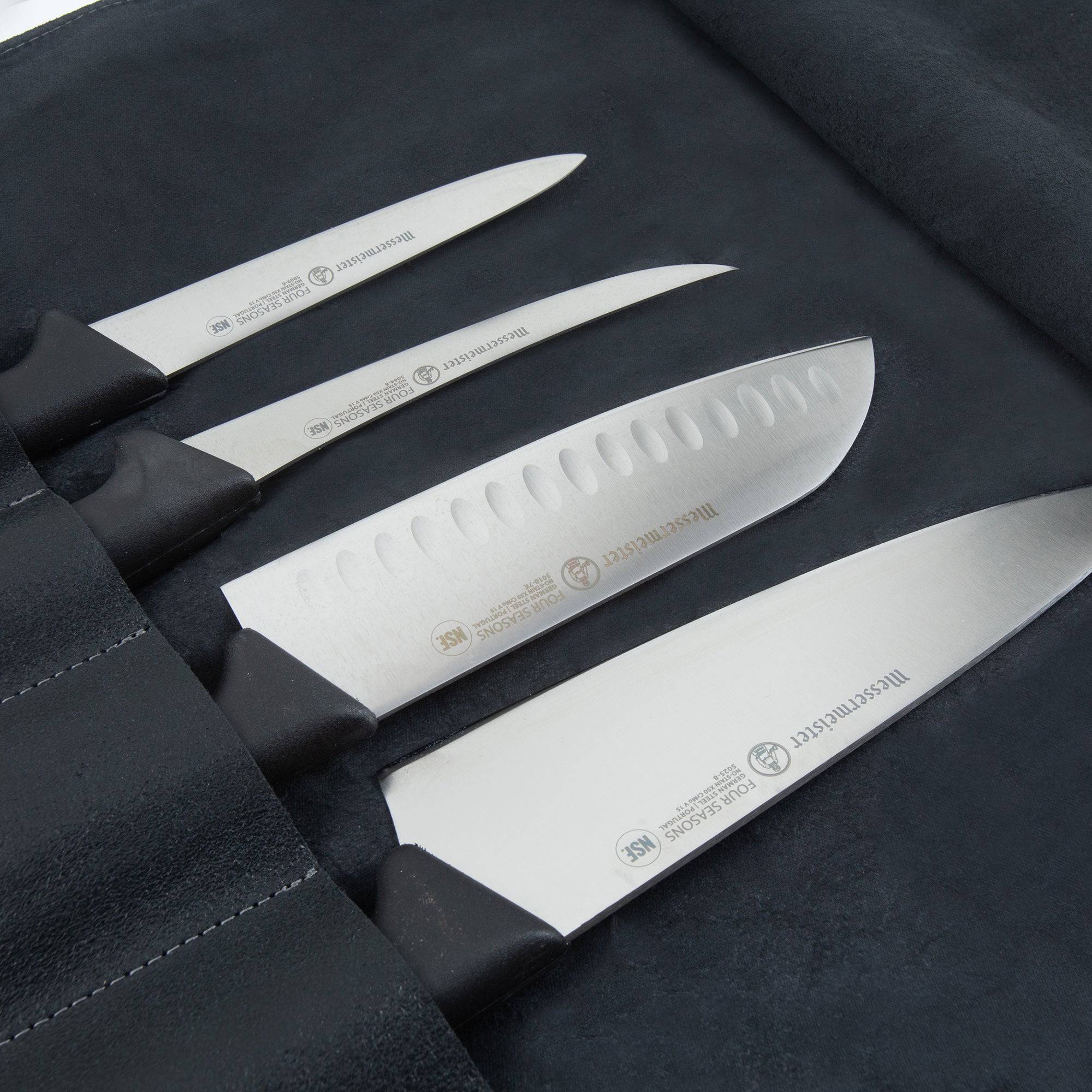 Messermeister Vintage Leather 7 Pocket Knife Roll in black with chef knives stored inside the individual pockets, showcasing organized knife storage, protective canvas-lined compartments, reinforced stitching, and secure placement for culinary tools during transport