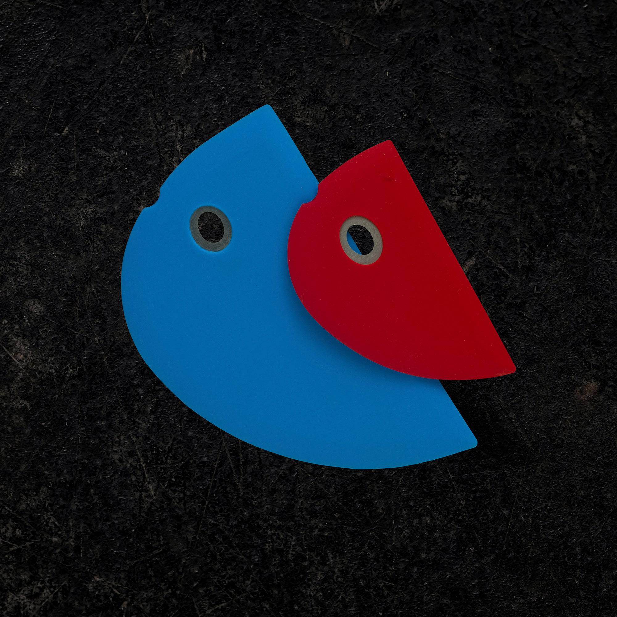 Messermeister Silicone Bowl Scraper Set with one large Blue and small red half-moon shaped scrapers 