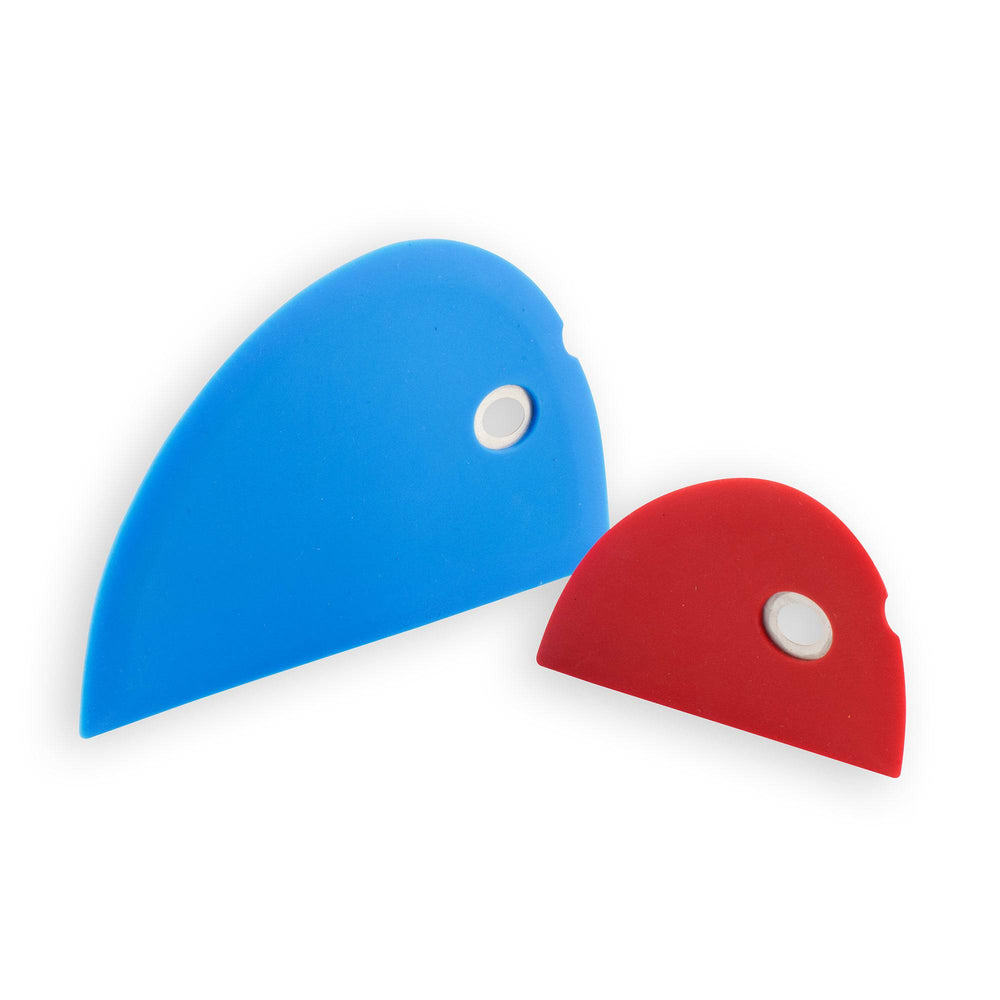 Messermeister Silicone Bowl Scraper Set with one large Blue and small red half-moon shaped scrapers 