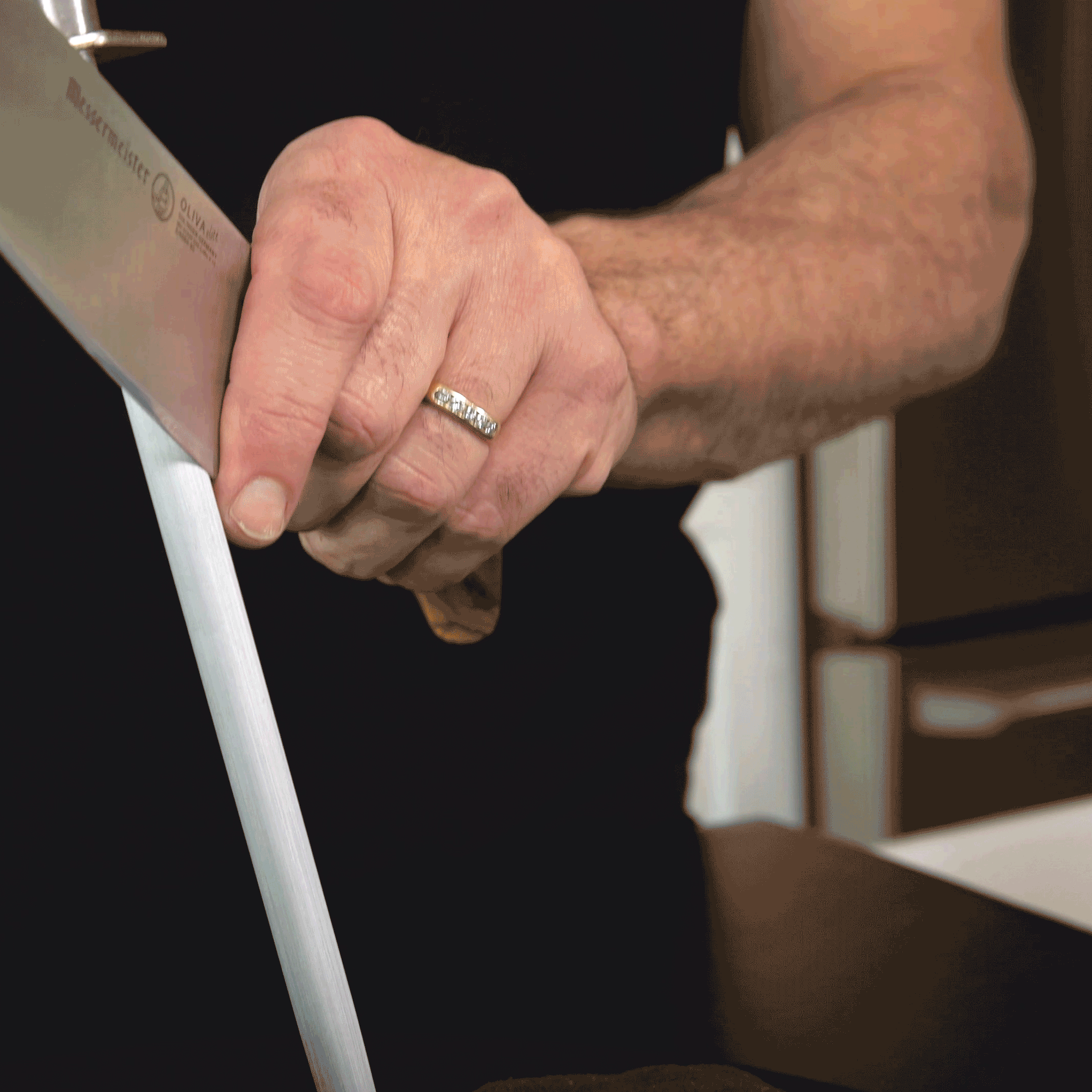 Messermeister Oliva Elite Fine Grit Steel - 10" - Made in Germany - Mediterranean Olive Wood Handle - Thyssen-Krupp 1.4116 Steel