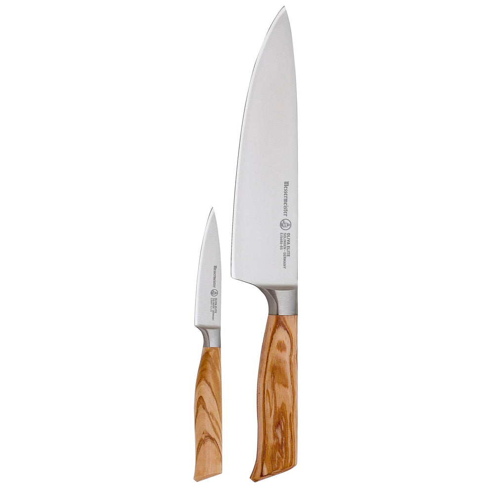 Messermeister Oliva Elite Chef & Parer set - 2 Piece 8" - 3.5" - Made in Germany - Mediterranean Olive Wood Handle - Thyssen-Krupp 1.4116 Steel
